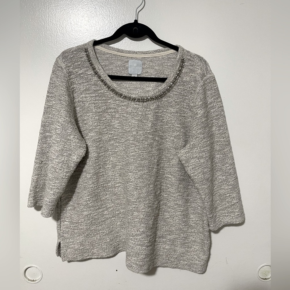Sunday women 3/4 sleeves round embellished neckline taupe greige sweater